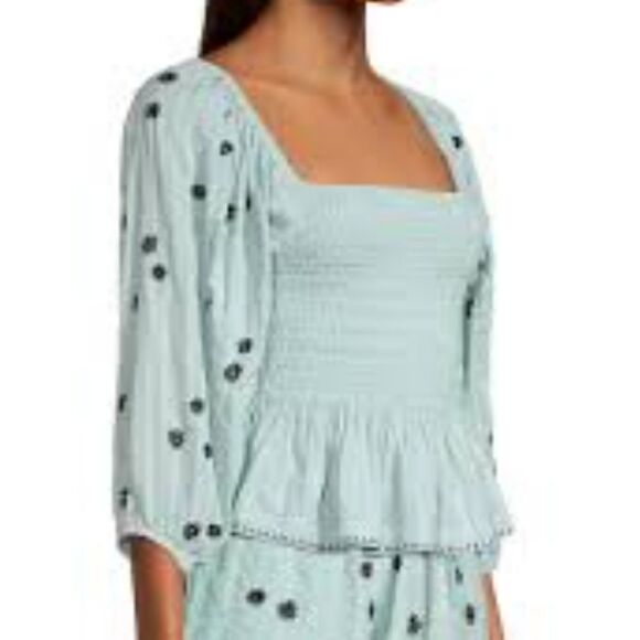 $245 TANYA TAYLOR smocked peasant puff green dot long sleeve top MEDIUM M NWT - Picture 12 of 13